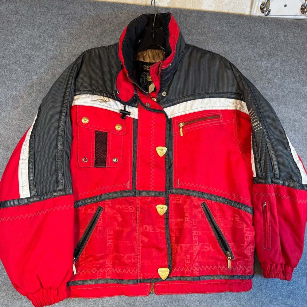 Vintage Descente Racing Ski Jacket Womens 6 Red Black White Colorblock 90s Retro